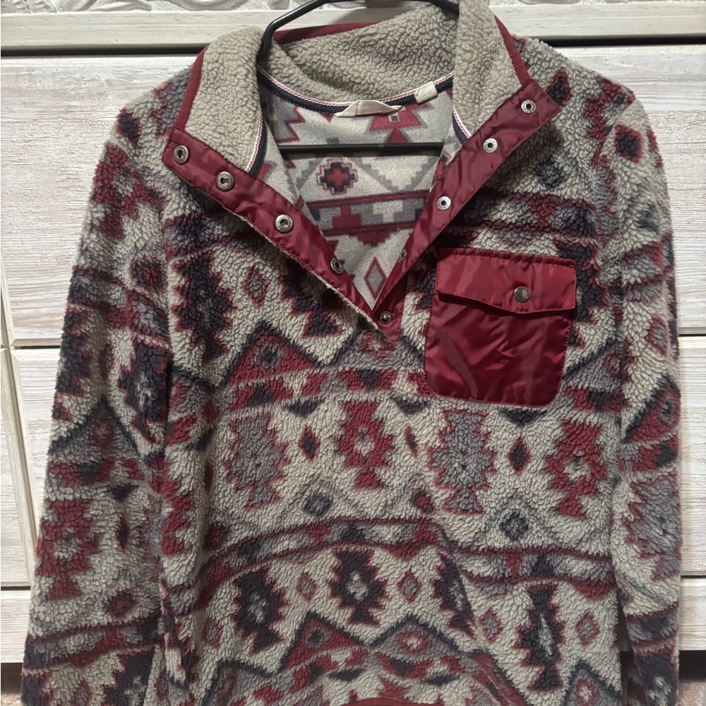 Vintage Aztec Fleece Pullover with Burgundy and Gray